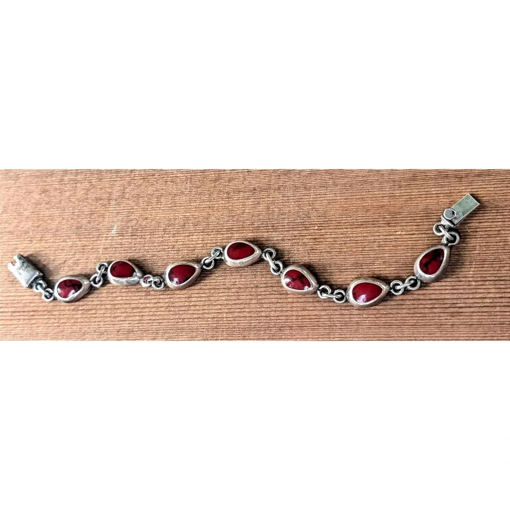 Vintage Sterling Silver Red Jasper Gemstone Teardrop Link Bracelet 925 Mexico